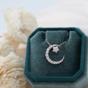 CZ Crescent Moon and Star Necklace