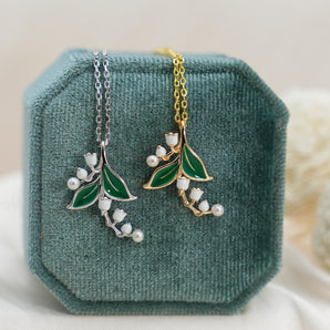 Green Enamel Lily of The Valley Necklace