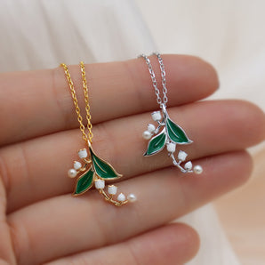 Green Enamel Lily of The Valley Necklace